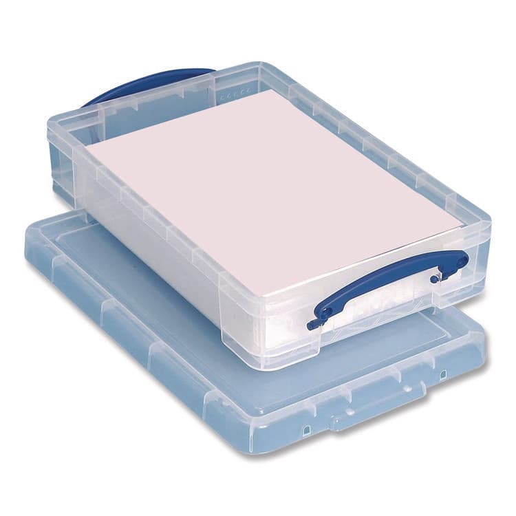 REALLY USEFUL BOXES . Snap-Lid Storage Bin, 1.05 gal, 10.25" x 14.5" x 3.37", Clear/Blue (RUA4LITRECLEAR)