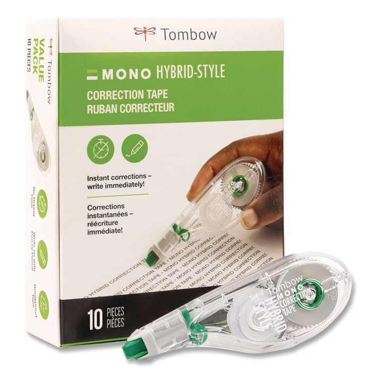 AMERICAN TOMBOW . MONO Hybrid Correction Tape Value Pack, Non-Refillable, 0.17" x 32.83 ft, White Tape, Clear/Green Dispenser, 10/Pack (TOM68721)