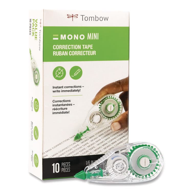 AMERICAN TOMBOW . MONO Mini Correction Tape Value Pack, Non-Refillable, 0.17" x 26.25 ft, White Tape, Clear/Green Dispenser, 10/Pack (TOM68722)