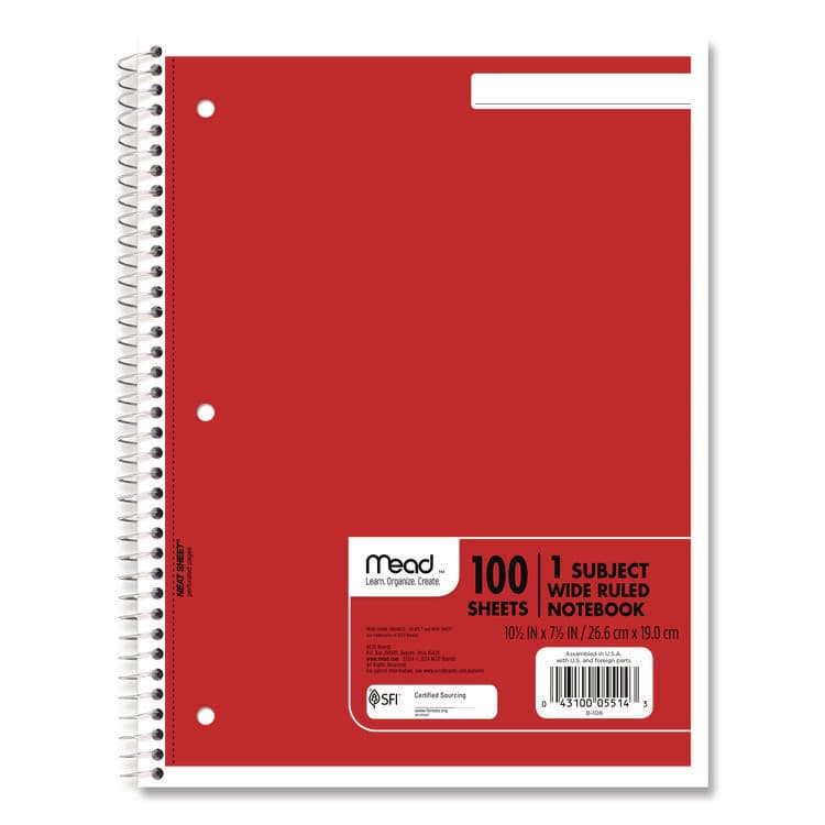 MEAD PRODUCTS Spiral Notebook, 1-Subject, Wide/Legal Rule, Randomly Assorted Cover Color, (100) 10.5 x 7.5 Sheets (MEA05514)