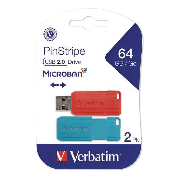 VERBATIM CORPORATION PinStripe USB 2.0 Flash Drive, 64 GB, Caribbean Blue/Red, 2/Pack (VER70059) thumbnail 2