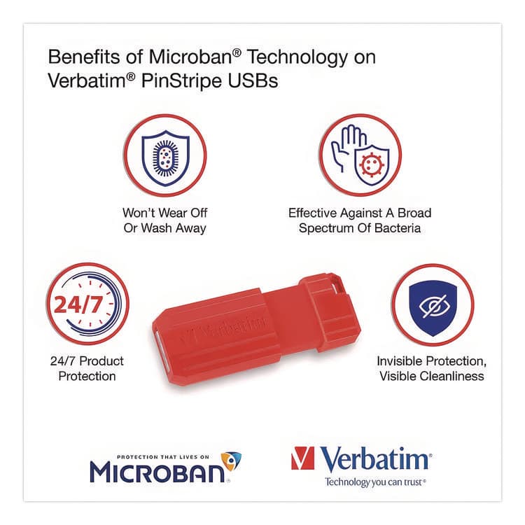 VERBATIM CORPORATION PinStripe USB 2.0 Flash Drive, 64 GB, Caribbean Blue/Red, 2/Pack (VER70059) thumbnail 4