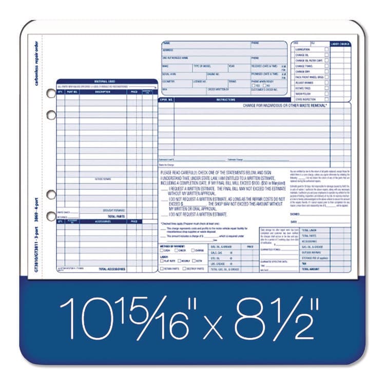 CARDINAL BRANDS . Multipart Auto Repair Work Order Forms with Checklist for Routine Jobs, Three-Part Carbonless, 10.94 x 8.5, 50 Forms Total (ABFGT3810) thumbnail 3