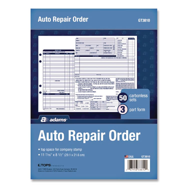 CARDINAL BRANDS . Multipart Auto Repair Work Order Forms, Three-Part Carbonless, 8.5 x 6.94, 50 Forms Total (ABFGT3870)