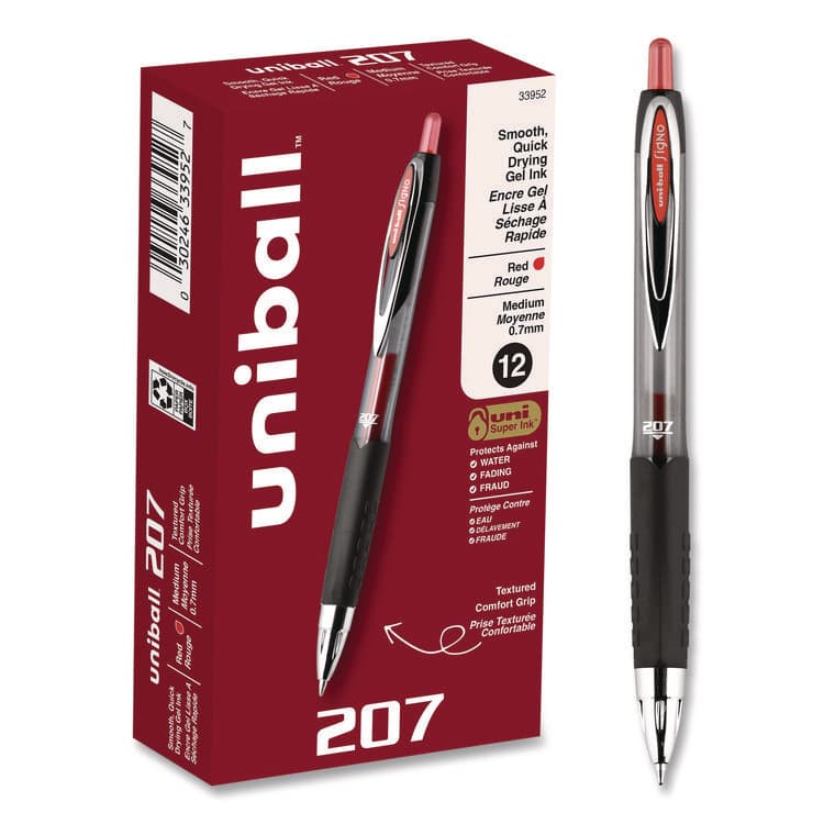 UNI Signo 207 Gel Pen, Retractable, Medium 0.7 mm, Red Ink, Smoke/Black/Red Barrel, Dozen (UBC33952)