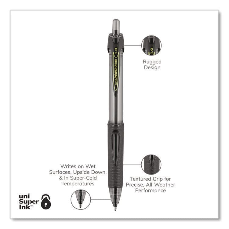 UNI Power Tank RT Ballpoint Pen, Retractable, Bold 1 mm, Black Ink, Smoke/Black Barrel, Dozen (UBC42070) thumbnail 3