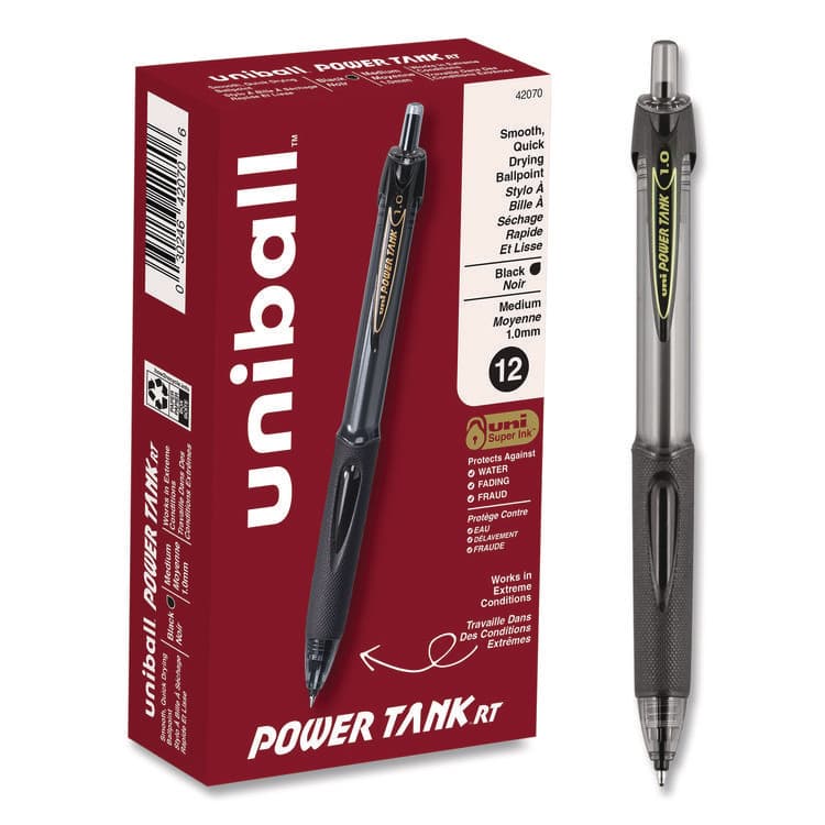 UNI Power Tank RT Ballpoint Pen, Retractable, Bold 1 mm, Black Ink, Smoke/Black Barrel, Dozen (UBC42070)