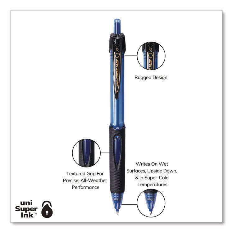 UNI Power Tank RT Ballpoint Pen, Retractable, Bold 1 mm, Blue Ink, Translucent Blue/Black Barrel, Dozen (UBC42071) thumbnail 3