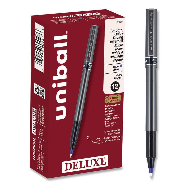 UNI Deluxe Rollerball Pen, Stick, Micro 0.5 mm, Blue Ink, Metallic Gray/Black/Blue Barrel, Dozen (UBC60027)