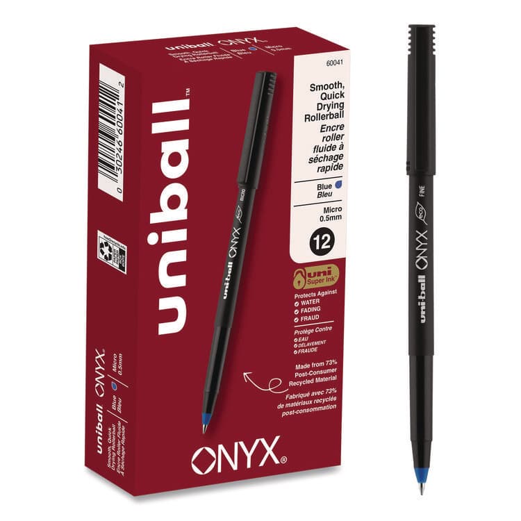 UNI ONYX Rollerball Pen, Stick, Micro 0.5 mm, Blue Ink, Black/Blue Barrel, Dozen (UBC60041)