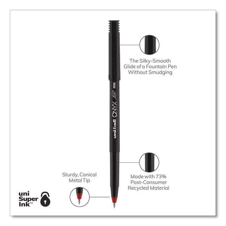 UNI ONYX Rollerball Pen, Stick, Micro 0.5 mm, Red Ink, Black/Red Barrel, Dozen (UBC60042) thumbnail 3