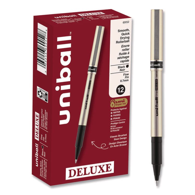 UNI Deluxe Rollerball Pen, Stick, Fine 0.7 mm, Black Ink, Champagne/Black Barrel, Dozen (UBC60052)