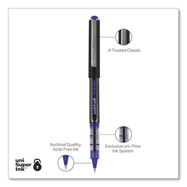 UNI VISION Rollerball Pen, Stick, Micro 0.5 mm, Blue Ink, Gray/Blue/Clear Barrel, Dozen (UBC60108) thumbnail 3