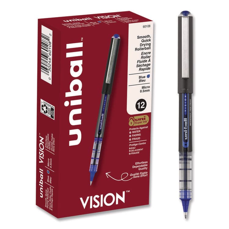 UNI VISION Rollerball Pen, Stick, Micro 0.5 mm, Blue Ink, Gray/Blue/Clear Barrel, Dozen (UBC60108)
