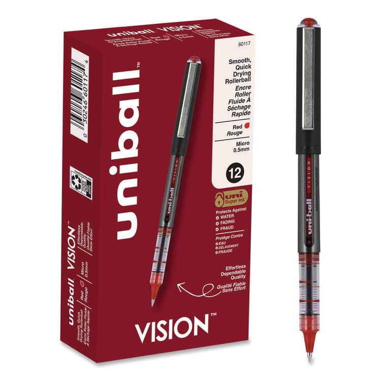 UNI VISION Rollerball Pen, Stick, Micro 0.5 mm, Red Ink, Gray/Red/Clear Barrel, Dozen (UBC60117)
