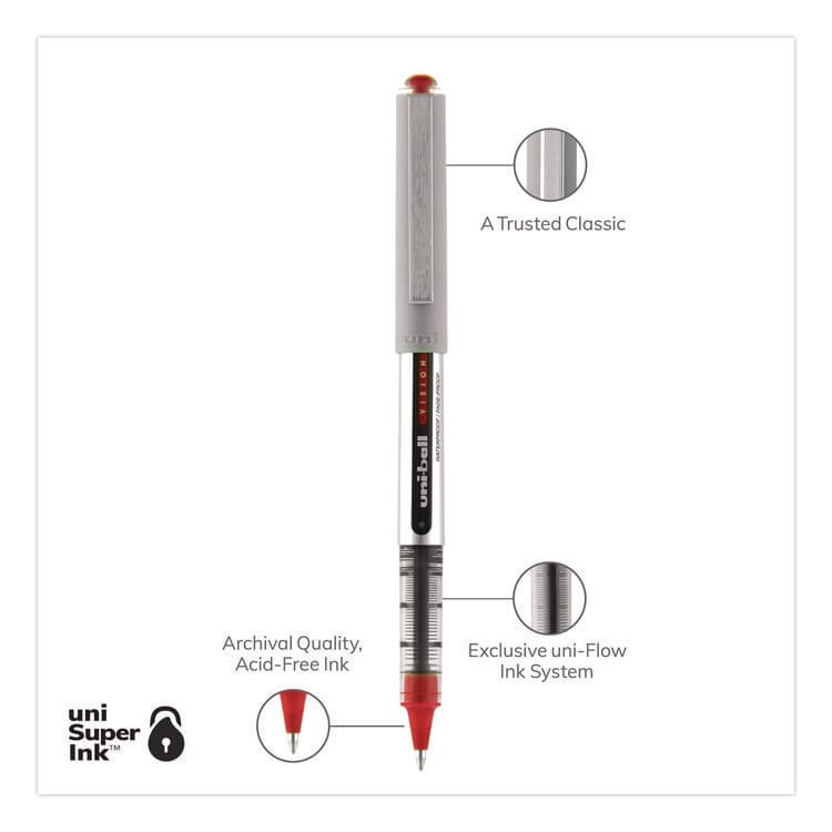 UNI VISION Rollerball Pen, Stick, Fine 0.7 mm, Red Ink, Silver/Red/Clear Barrel, Dozen (UBC60139) thumbnail 3