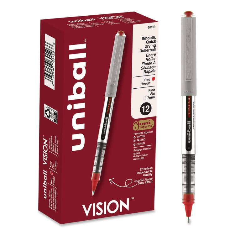 UNI VISION Rollerball Pen, Stick, Fine 0.7 mm, Red Ink, Silver/Red/Clear Barrel, Dozen (UBC60139)