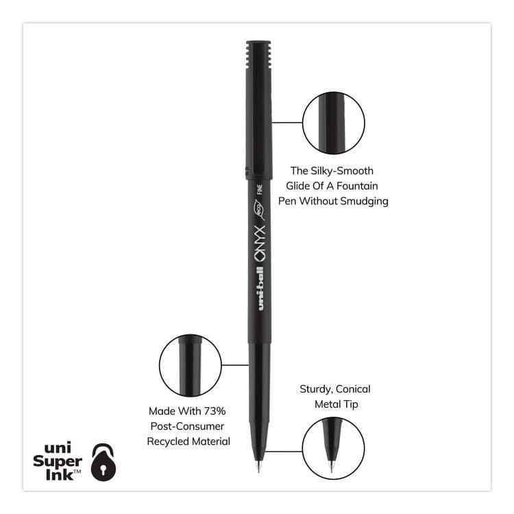 UNI ONYX Rollerball Pen, Stick, Fine 0.7 mm, Black Ink, Black Barrel, Dozen (UBC60143) thumbnail 3