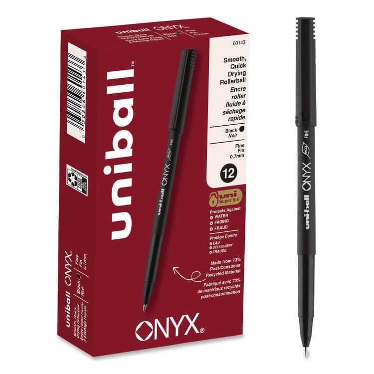UNI ONYX Rollerball Pen, Stick, Fine 0.7 mm, Black Ink, Black Barrel, Dozen (UBC60143)