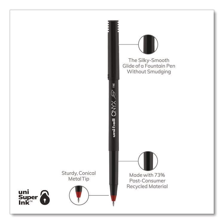 UNI ONYX Rollerball Pen, Stick, Fine 0.7 mm, Red Ink, Black/Red Barrel, Dozen (UBC60144) thumbnail 3
