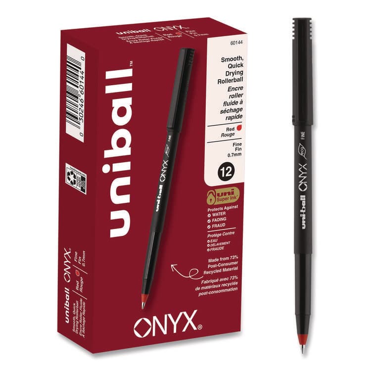 UNI ONYX Rollerball Pen, Stick, Fine 0.7 mm, Red Ink, Black/Red Barrel, Dozen (UBC60144)