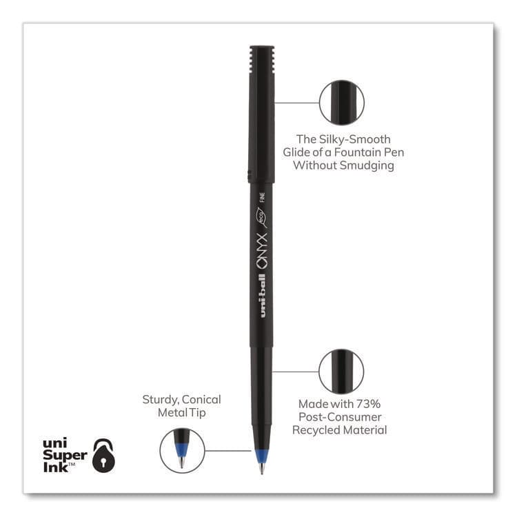 UNI ONYX Rollerball Pen, Stick, Fine 0.7 mm, Blue Ink, Black/Blue Barrel, Dozen (UBC60145) thumbnail 3