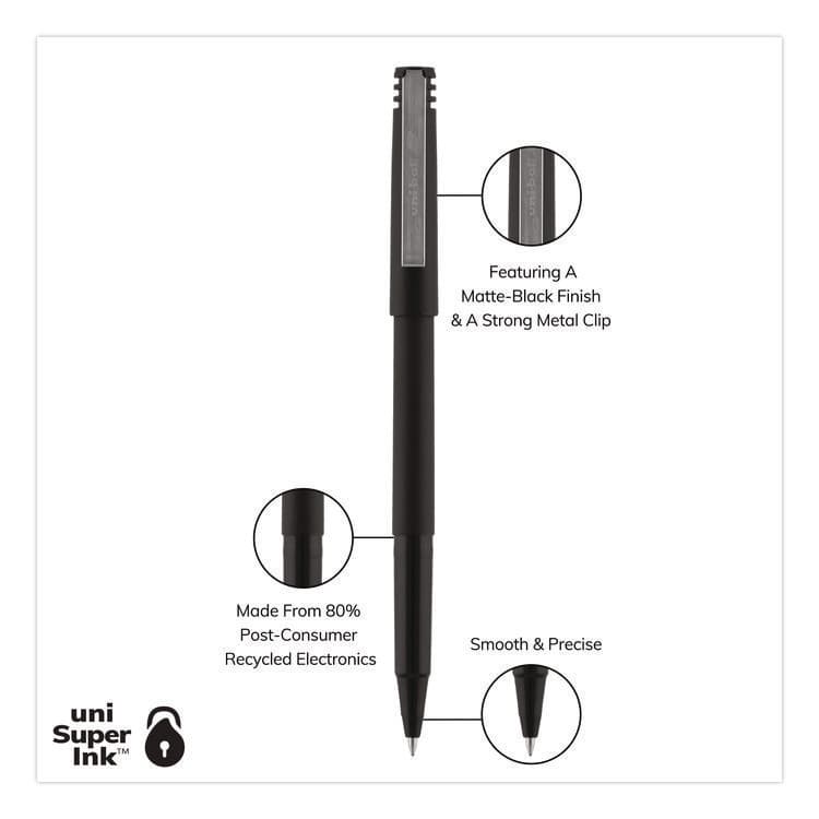 UNI Rollerball Pen, Stick, Micro 0.5 mm, Black Ink, Black Barrel, Dozen (UBC60151) thumbnail 3