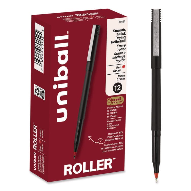 UNI Rollerball Pen, Stick, Micro 0.5 mm, Red Ink, Black/Red Barrel, Dozen (UBC60152)