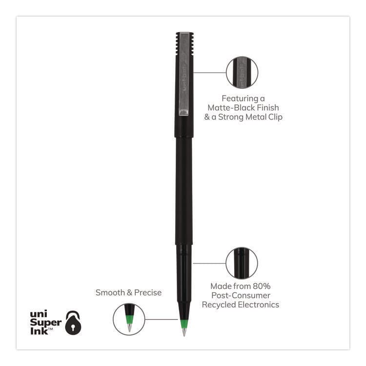 UNI Rollerball Pen, Stick, Micro 0.5 mm, Green Ink, Black/Green Barrel, Dozen (UBC60154) thumbnail 3