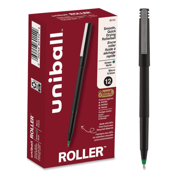 UNI Rollerball Pen, Stick, Micro 0.5 mm, Green Ink, Black/Green Barrel, Dozen (UBC60154)