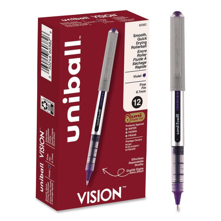 UNI VISION Rollerball Pen, Stick, Fine 0.7 mm, Violet Ink, Silver/Violet/Clear Barrel, Dozen (UBC60382)