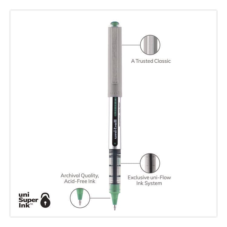UNI VISION Rollerball Pen, Stick, Fine 0.7 mm, Green Ink, Silver/Green/Clear Barrel, Dozen (UBC60386) thumbnail 3