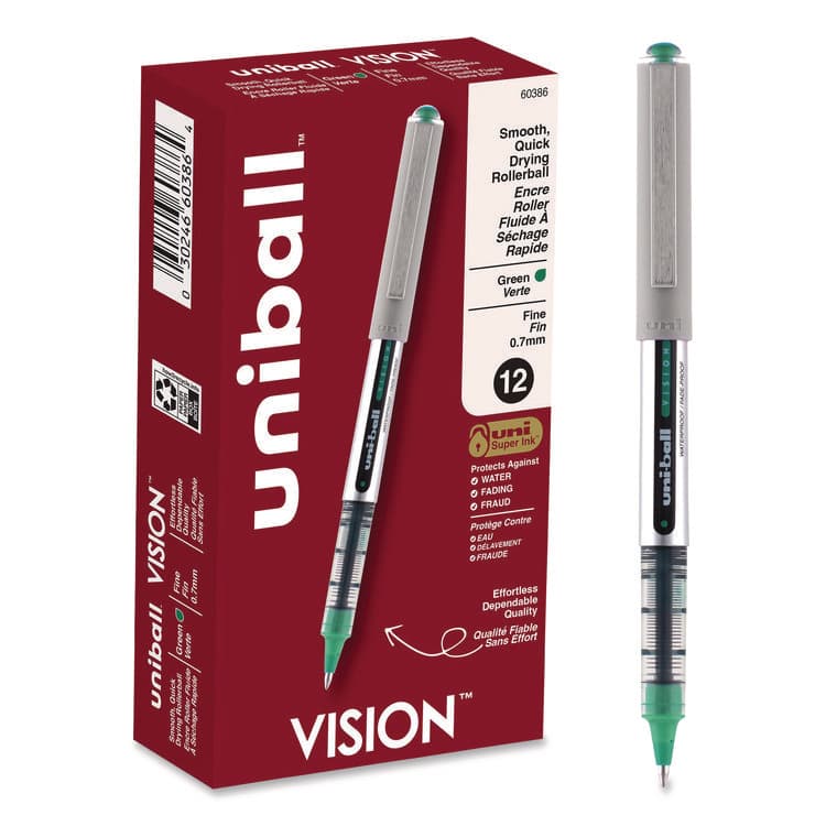 UNI VISION Rollerball Pen, Stick, Fine 0.7 mm, Green Ink, Silver/Green/Clear Barrel, Dozen (UBC60386)
