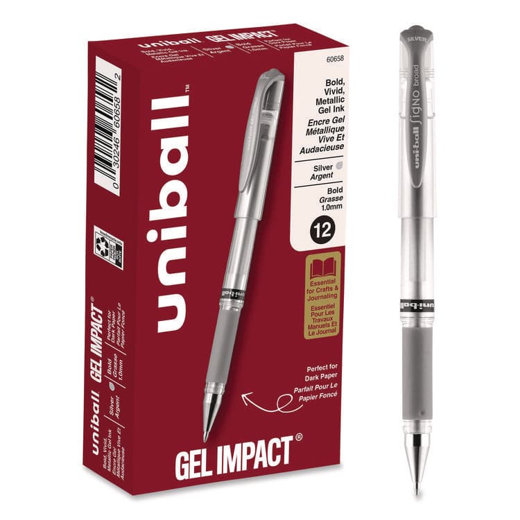 UNI IMPACT Gel Pen, Stick, Medium 1 mm, Silver Metallic Ink, Silver Barrel (UBC60658)