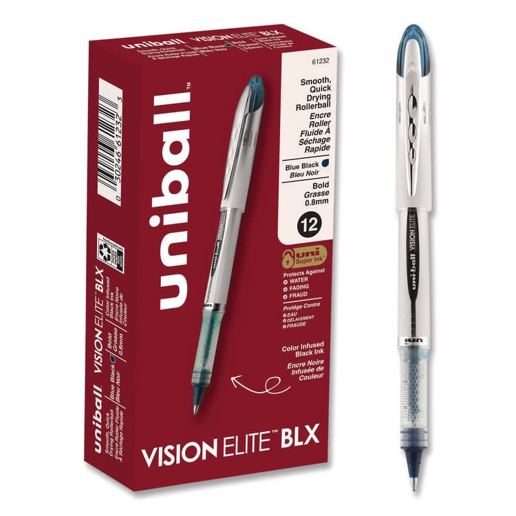 UNI VISION ELITE BLX Series Rollerball Pen, Stick, Bold 0.8 mm, Blue-Infused Black Ink, White/Blue/Clear Barrel (UBC61232)