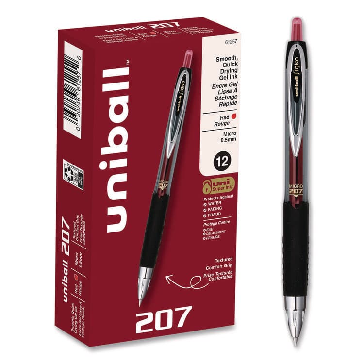 UNI Signo 207 Gel Pen, Retractable, Fine 0.5 mm, Red Ink, Smoke/Black/Red Barrel, Dozen (UBC61257)