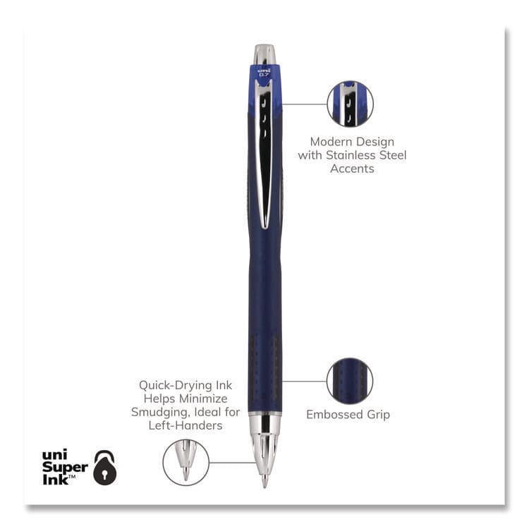 UNI Jetstream Hybrid Gel Pen, Retractable, Fine 0.7 mm, Blue Ink, Blue/Silver Barrel (UBC62153) thumbnail 3