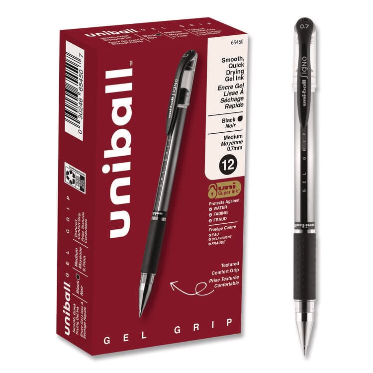 UNI Signo GRIP Gel Pen, Stick, Medium 0.7 mm, Black Ink, Clear/Black/Silver Barrel, Dozen (UBC65450)
