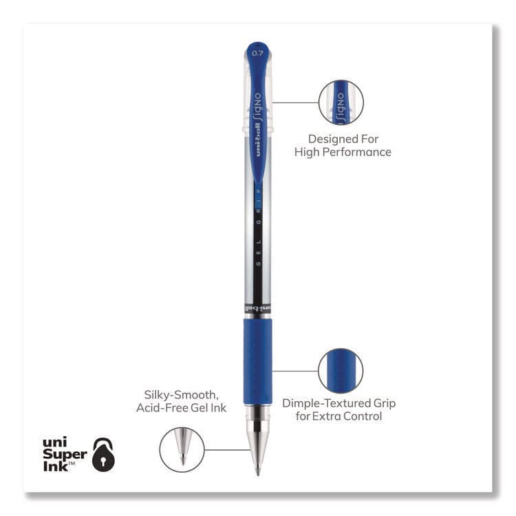 UNI Signo GRIP Gel Pen, Stick, Medium 0.7 mm, Blue Ink, Clear/Blue/Silver Barrel, Dozen (UBC65451) thumbnail 3