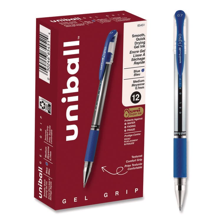 UNI Signo GRIP Gel Pen, Stick, Medium 0.7 mm, Blue Ink, Clear/Blue/Silver Barrel, Dozen (UBC65451)