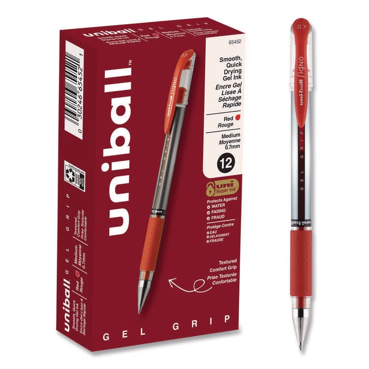 UNI Signo GRIP Gel Pen, Stick, Medium 0.7 mm, Red Ink, Clear/Red/Silver Barrel, Dozen (UBC65452)