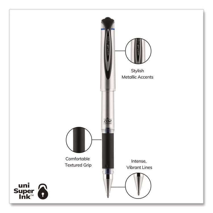 UNI 207 Impact Gel Pen, Stick, Bold 1 mm, Blue Ink, Silver/Black/Blue Barrel (UBC65801) thumbnail 3