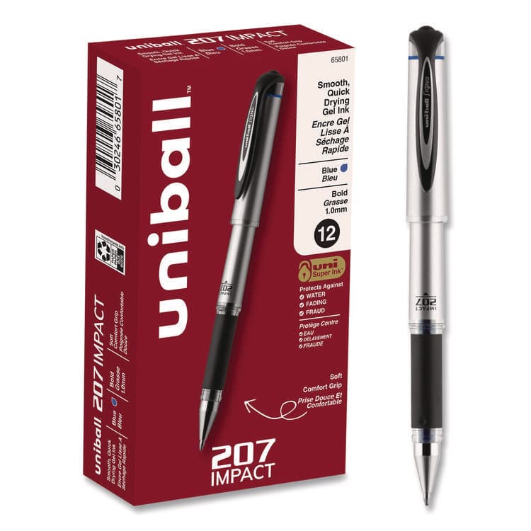 UNI 207 Impact Gel Pen, Stick, Bold 1 mm, Blue Ink, Silver/Black/Blue Barrel (UBC65801)