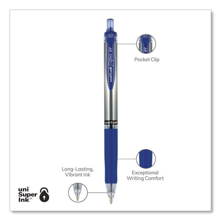 UNI Signo Gel Pen, Retractable, Medium 0.7 mm, Blue Ink, Silver/Blue Barrel, Dozen (UBC65941) thumbnail 3
