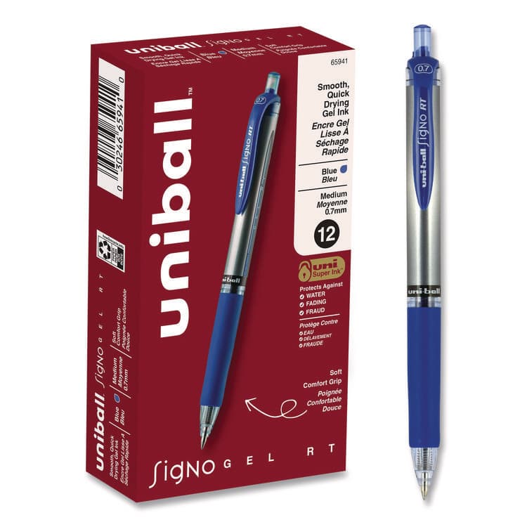 UNI Signo Gel Pen, Retractable, Medium 0.7 mm, Blue Ink, Silver/Blue Barrel, Dozen (UBC65941)