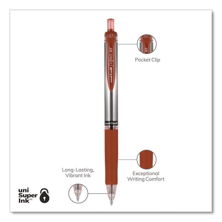 UNI Signo Gel Pen, Retractable, Medium 0.7 mm, Red Ink, Silver/Red Barrel, Dozen (UBC65942) thumbnail 3