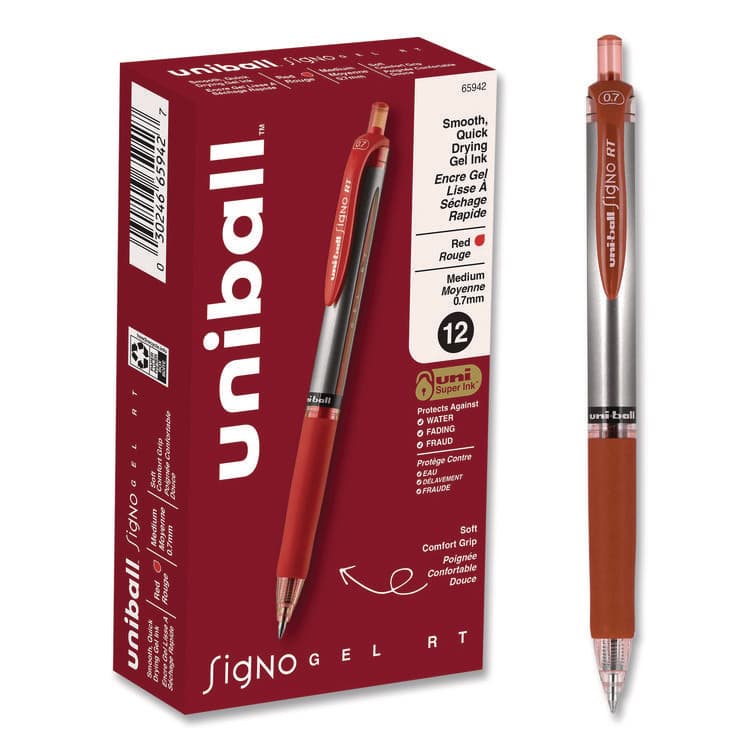 UNI Signo Gel Pen, Retractable, Medium 0.7 mm, Red Ink, Silver/Red Barrel, Dozen (UBC65942)
