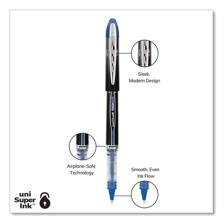 UNI VISION ELITE Rollerball Pen, Stick, Micro 0.5 mm, Blue Ink, Black/Blue/Clear Barrel (UBC69021) thumbnail 3