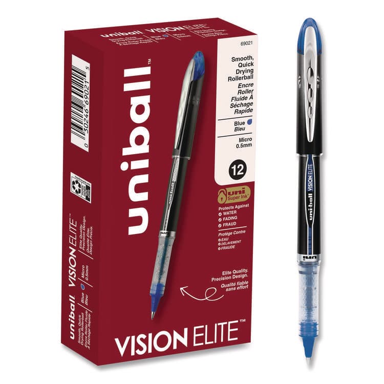 UNI VISION ELITE Rollerball Pen, Stick, Micro 0.5 mm, Blue Ink, Black/Blue/Clear Barrel (UBC69021)