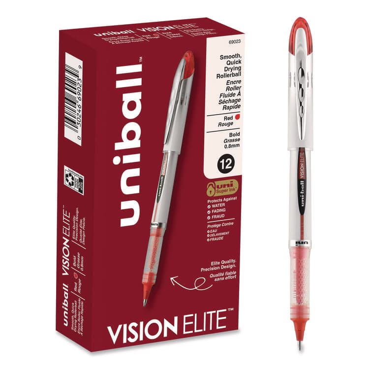 UNI VISION ELITE Rollerball Pen, Stick, Bold 0.8 mm, Red Ink, White/Red/Clear Barrel (UBC69023)